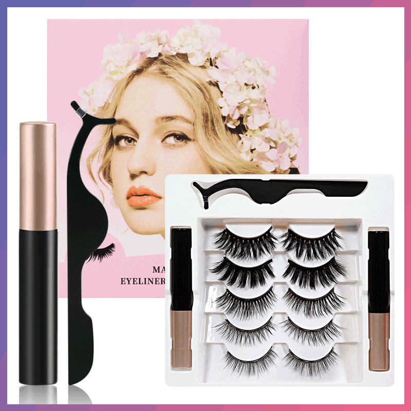 False Eyelashes Magnetic False Eyelashes 5 Pairs of Eyelashes 2 Liquid Eyeliner Sets Magnetic Natural - Image 2